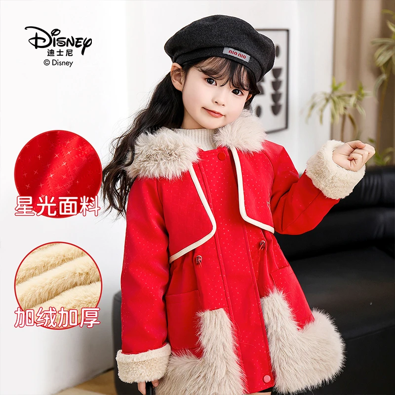 Disney/迪士尼冬季新款新年女童星光皮衣外套中长款加绒毛领大衣