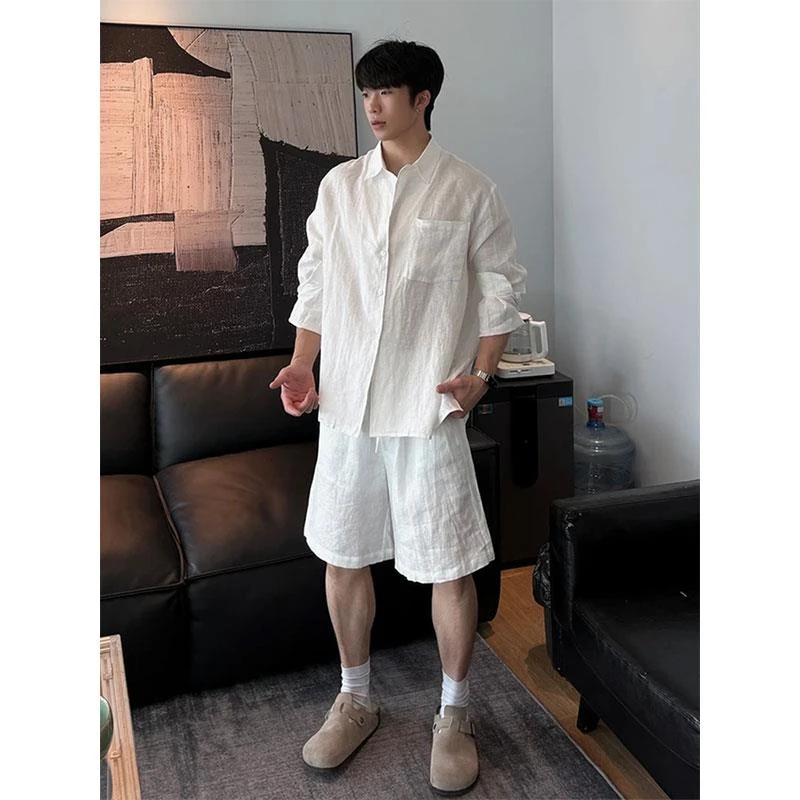 老钱风亚麻长袖衬衫男款夏季松弛感慵懒衬衣cleanfit休闲短裤套装