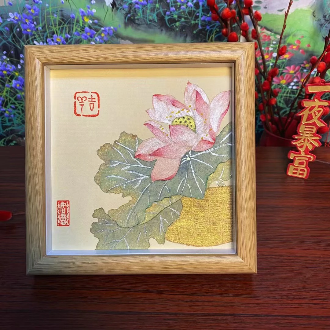 手绘荷花装饰画摆台桌面玻璃木质相框摆件可摆可挂尺寸15x15厘米