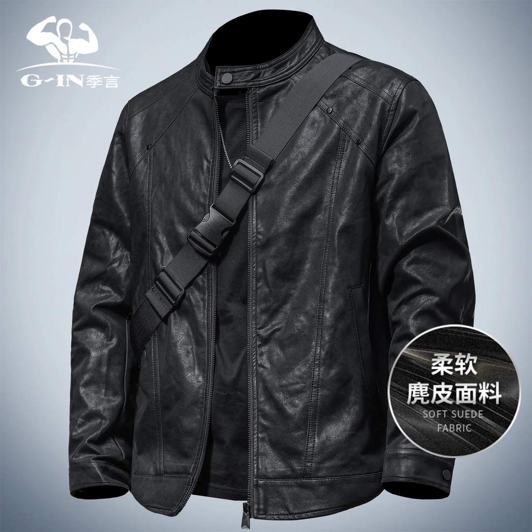 季言衣服男2025新款爆款外套皮衣秋季立领修身皮夹克男拼接帅气