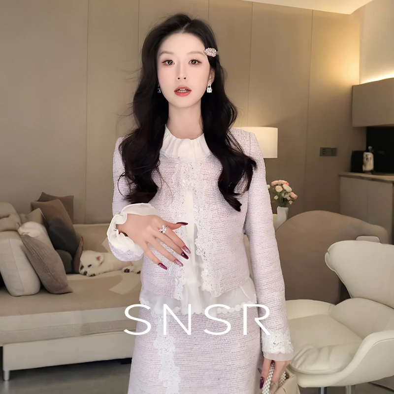 SNSR/圣妮思2025秋季新款重工蕾丝拼接小香风粗花呢长袖短款套装