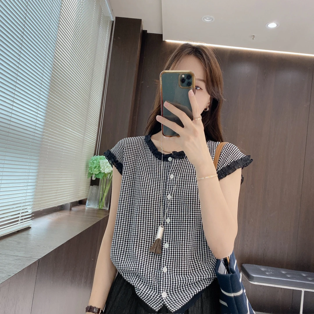 IMFLY金小金自制女装 小衫DYW9361文艺竖条纹木耳边拼接圆领上衣