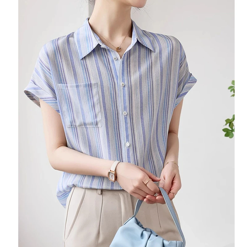 法式高级感轻奢条纹短袖衬衫女夏2025新款polo领显瘦减龄漂亮小衫