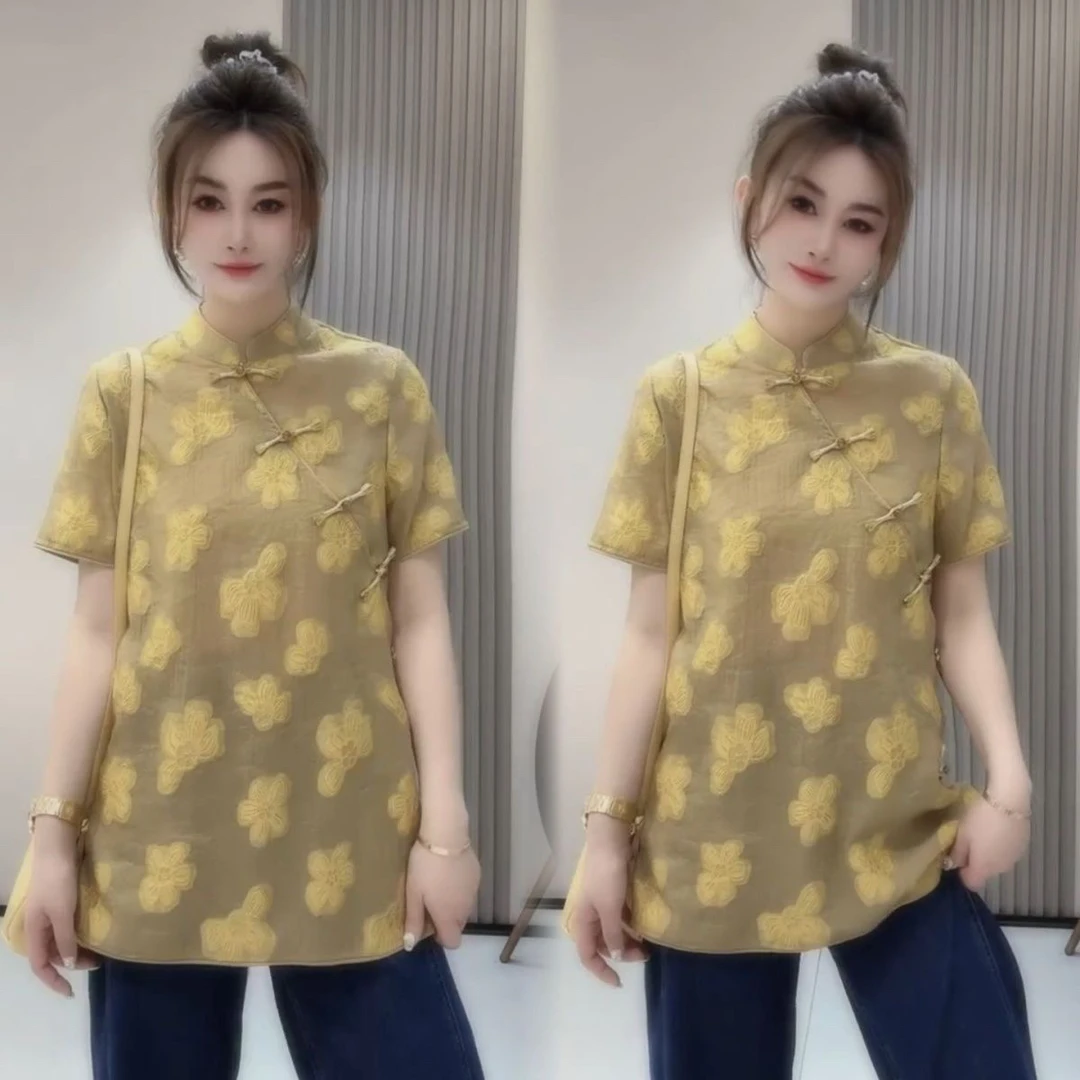 新中式立领盘扣短袖衬衫女时尚洋气显瘦休闲上衣