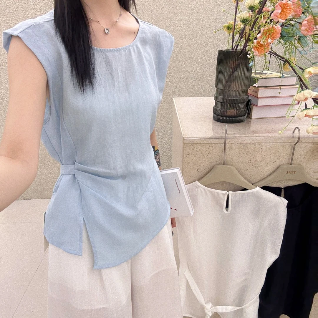 意法一批清仓 夏季百搭宽松显瘦圆领无袖衬衫F0855