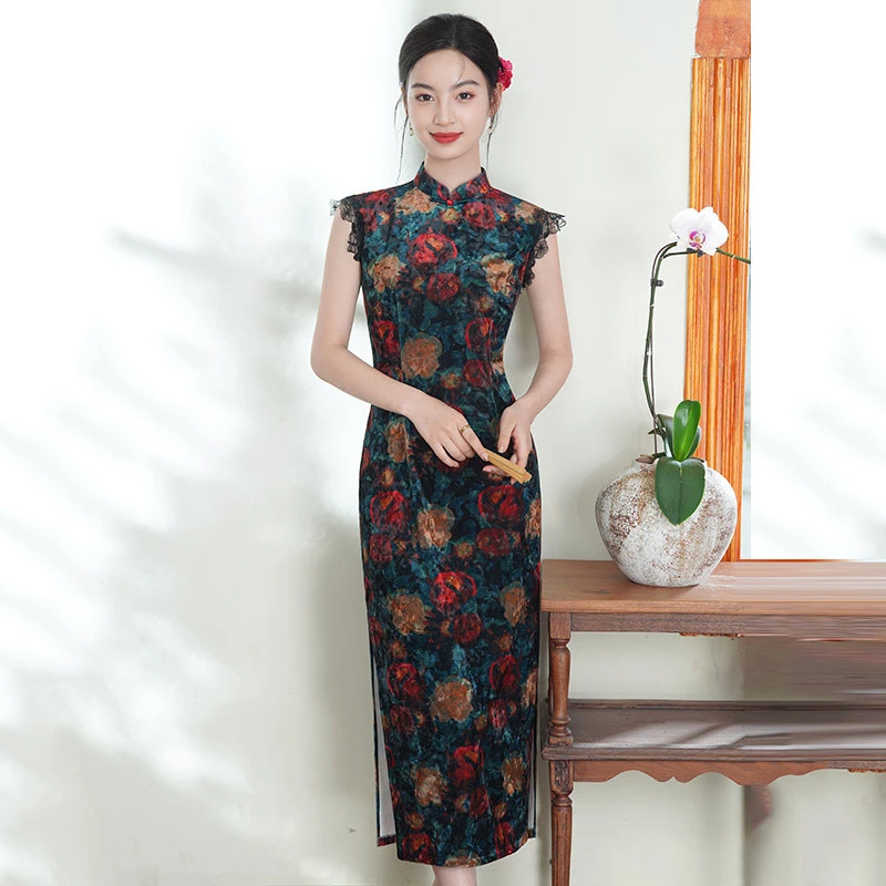 弹力无袖国风长款改良旗袍2025新款年轻款女中式复古修身收腰夏季