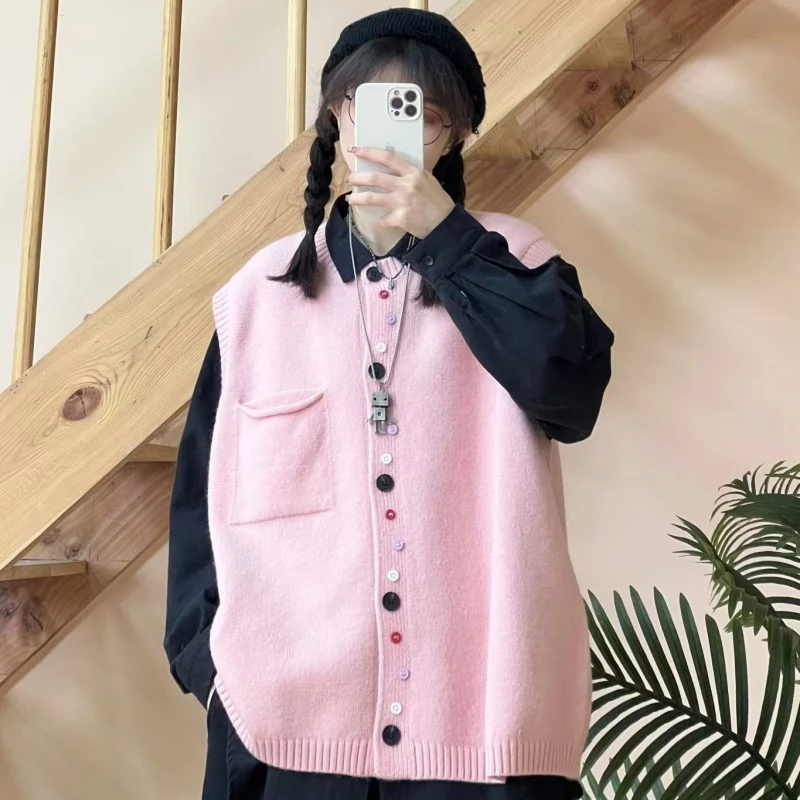 早秋新款时尚百搭宽松文艺风系扣针织马甲11EN16