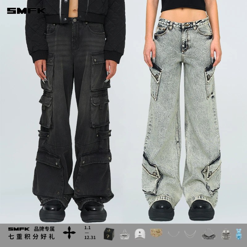 SMFK野马多袋阔腿牛仔裤 PD004GY 户外宽松中腰工装长裤