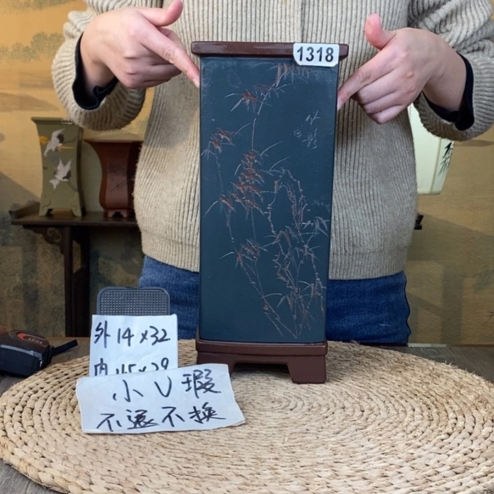 花盆紫砂 微瑕精品紫泥粉浆刻绘四方高签筒1318