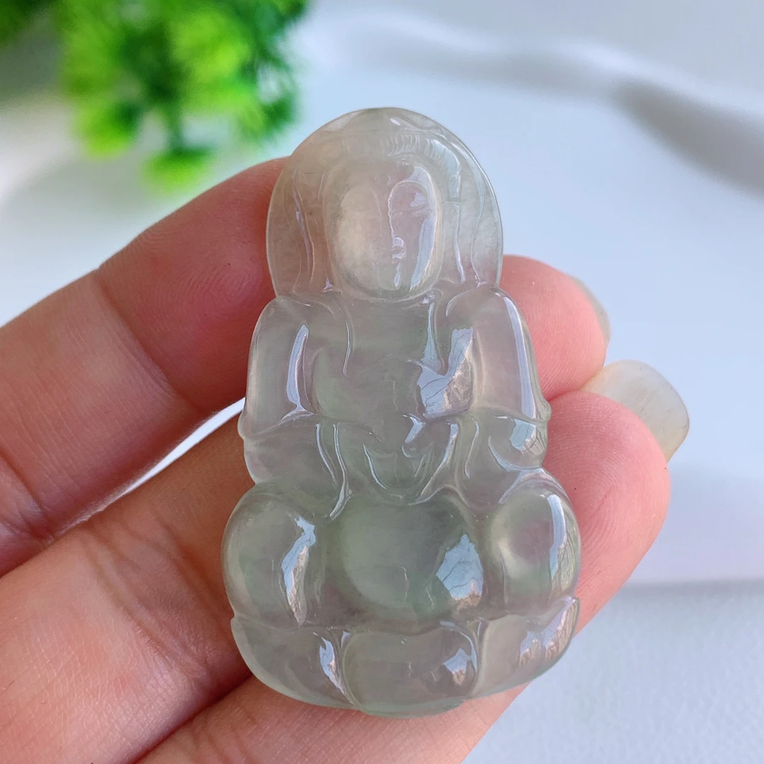 天然翡翠A货冰种浅绿晴水绿绿色观音菩萨吊坠挂件45-25.5-4.3mm