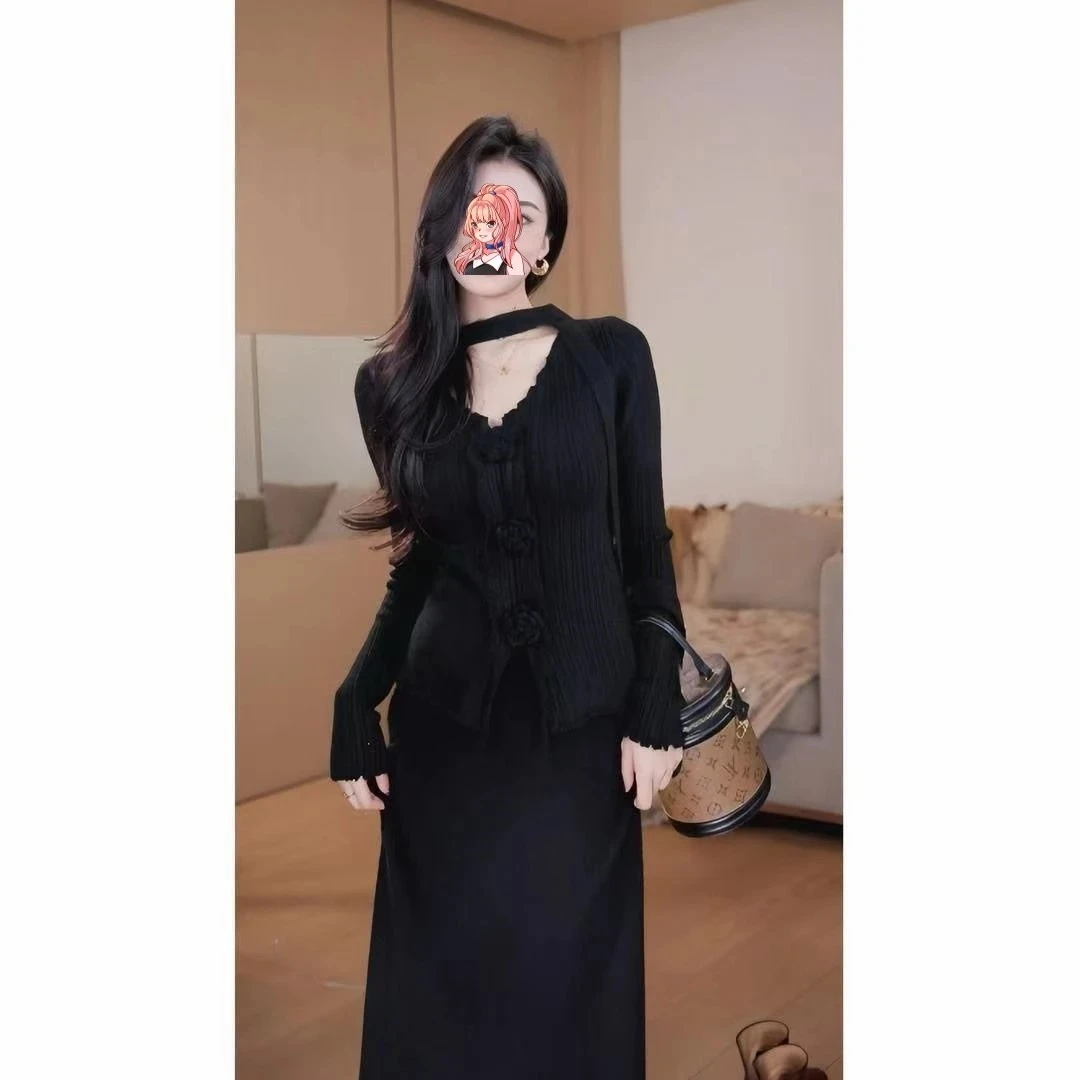 8778针织时尚套装立体花朵飘带上衣松紧高腰显瘦半身裙毛衣裙套装