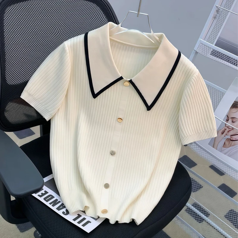 小香风气质高级感撞色翻领针织衫短袖正肩竖坑显瘦百搭上衣女