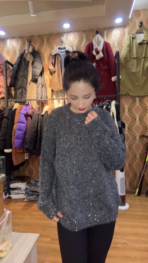 韩尤简同款百搭休闲针织亮片毛衣