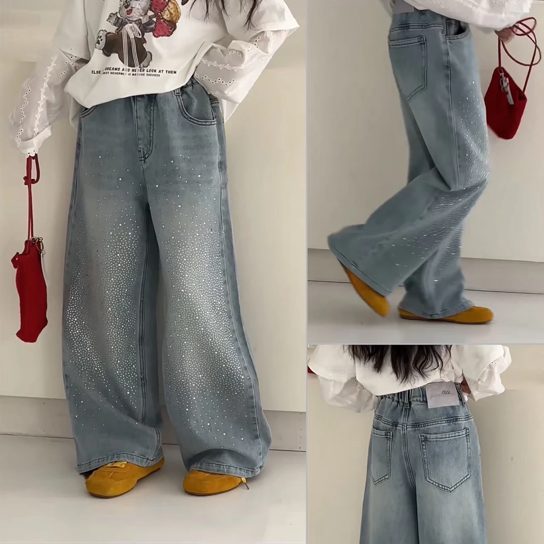 新年裤 女童加厚一体绒满钻直筒牛仔裤  25D143