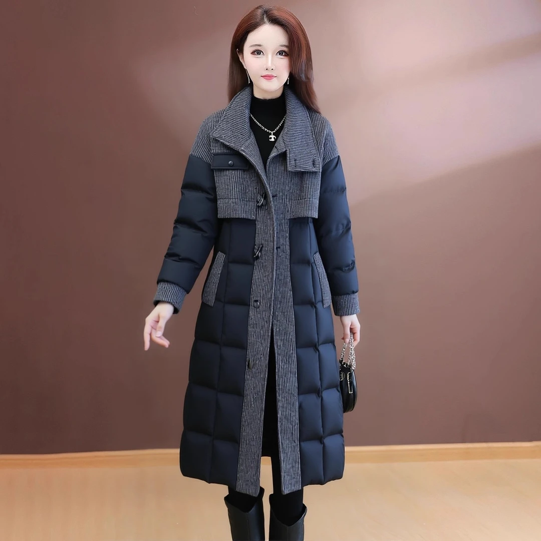 时尚拼接毛呢羽绒服女2025冬季新款中年妈妈装加厚保暖中长款大衣