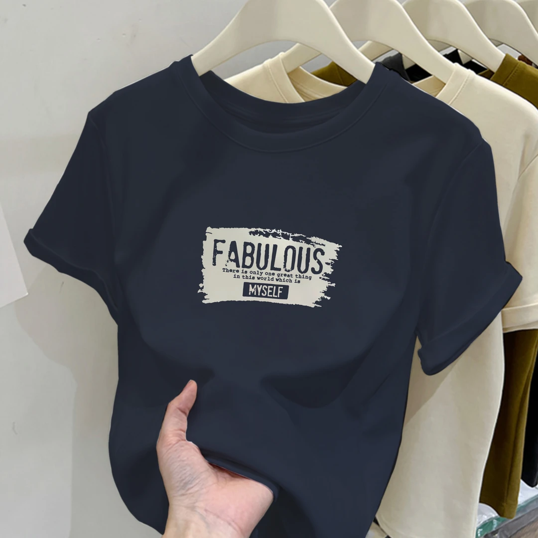 2025新款圆领FABULOUS印花纯棉短袖小个子女修身显瘦百搭上衣