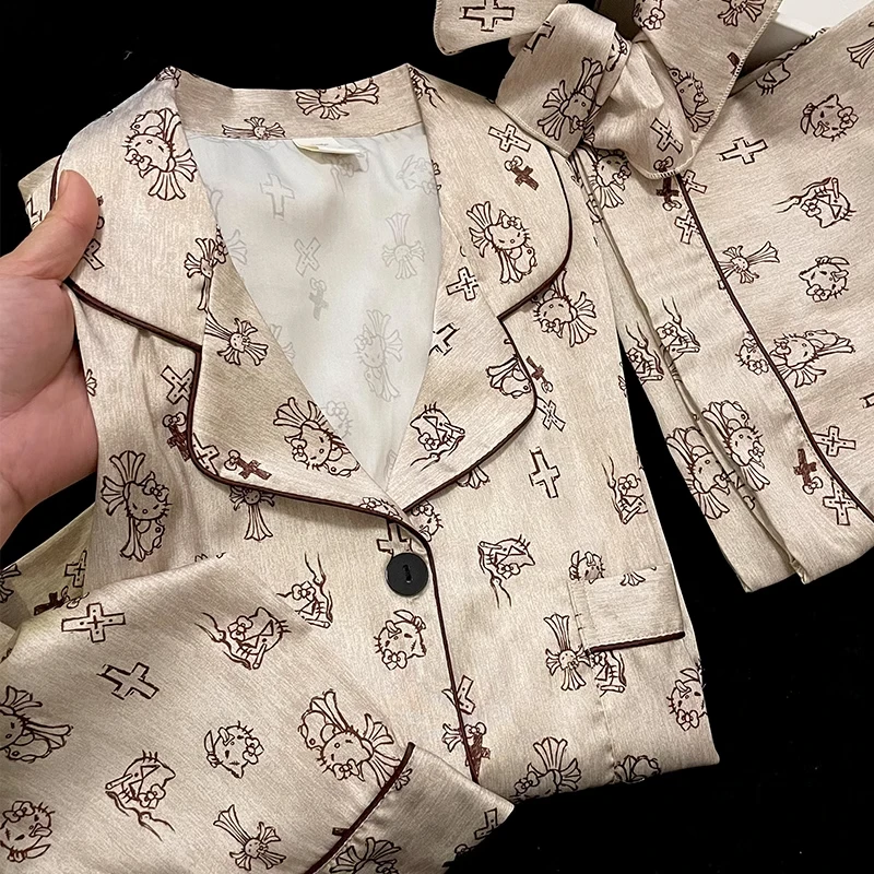 睡衣女款春秋季冰丝绸长袖长裤可爱恶魔Kitty家居服夏天薄款套装