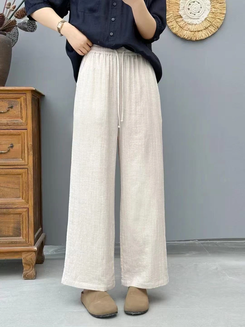 夏日轻薄色织双层棉纱软糯九分裤 松紧腰百搭宽松休闲长裤女