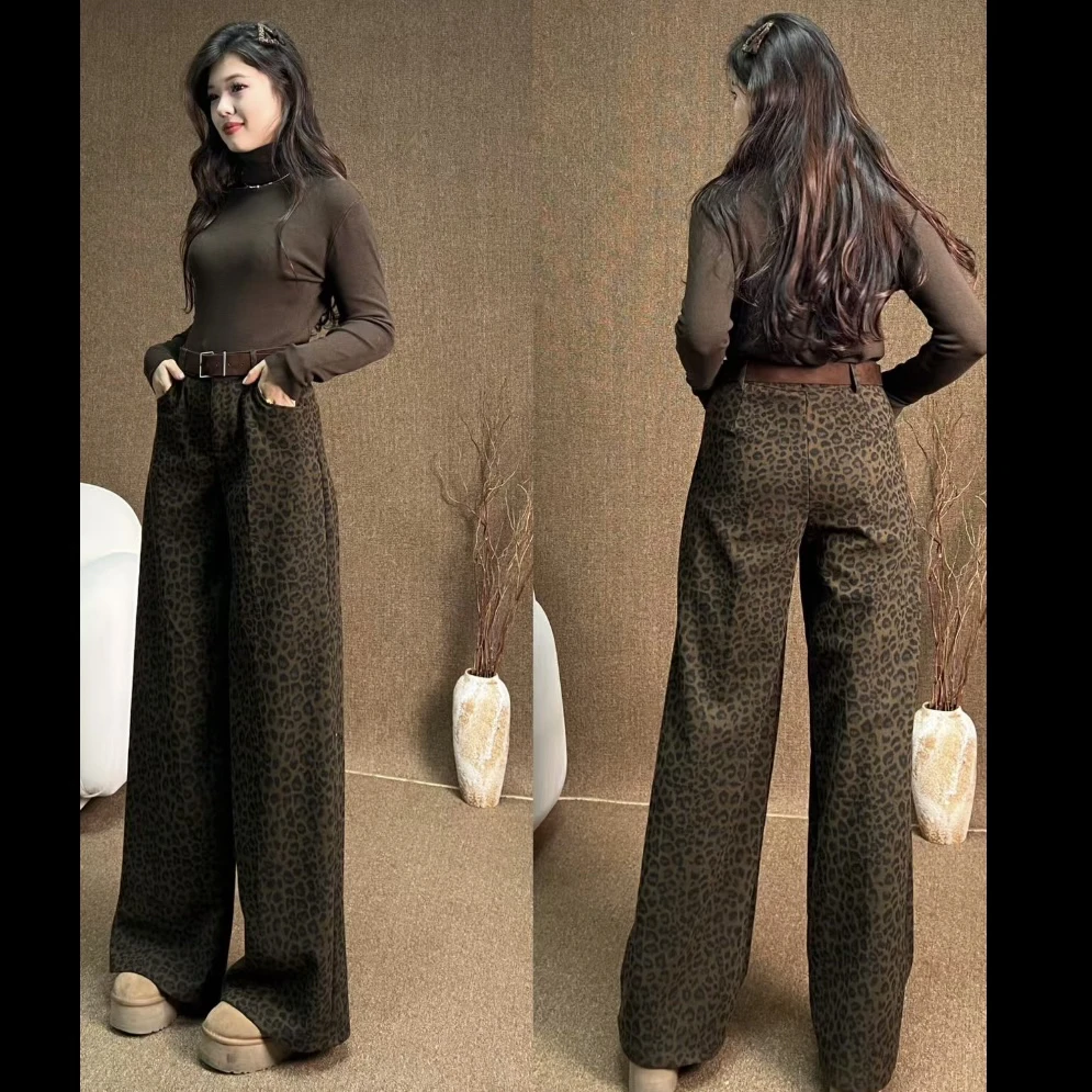 Rayhon秋季美式慵懒风豹纹裤上衣腰带三件套套装