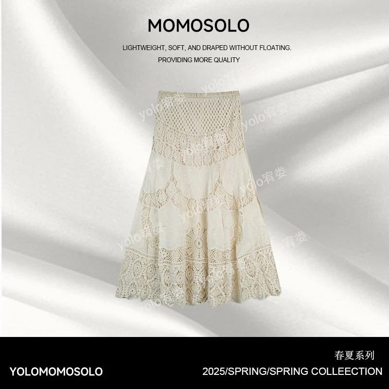 •月蚀•气质轻奢时尚春夏重工显瘦蕾丝镂空松紧腰A字半身裙 YM1603