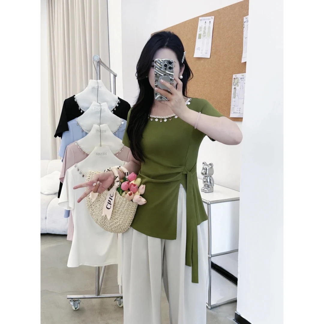 韩系不规则绑带露肩短袖T恤女2025夏季新款设计修身收腰气质上衣