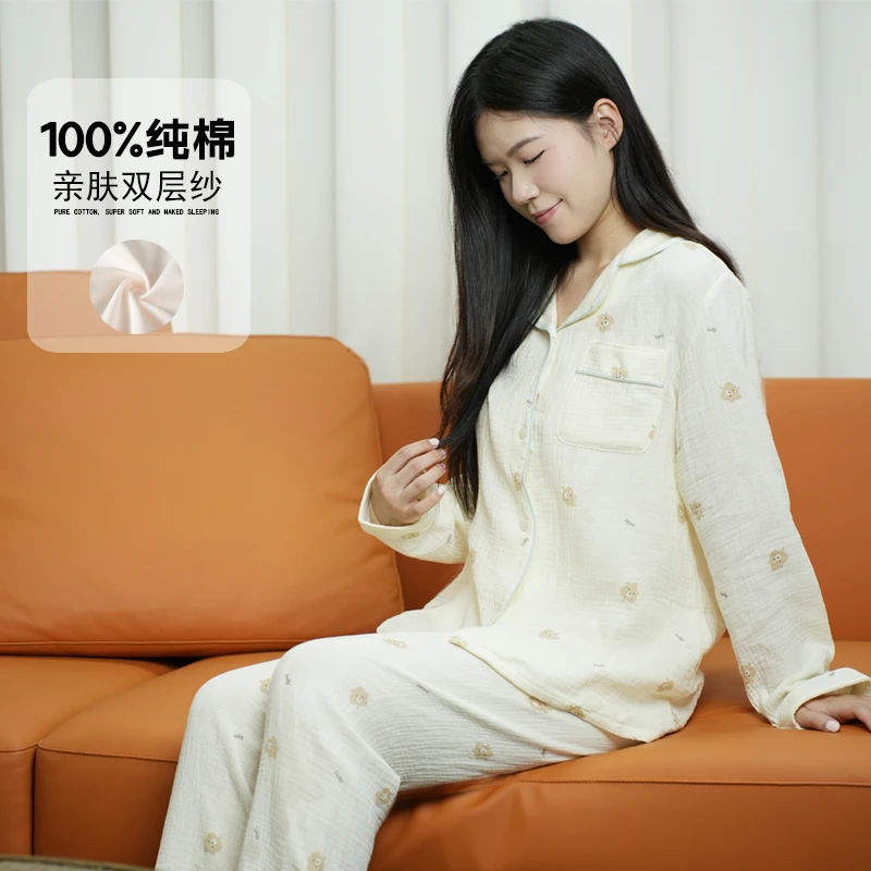 双层棉纱睡衣女套装A类纯棉纱布春秋薄款宽松翻领100%全棉家居服