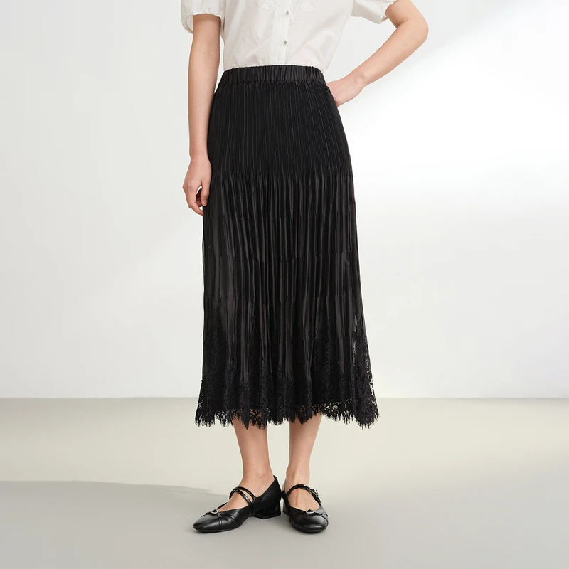 EP雅莹女装2025早秋新款 赫本风弹力轻盈A摆网纱蕾丝半身裙3412A