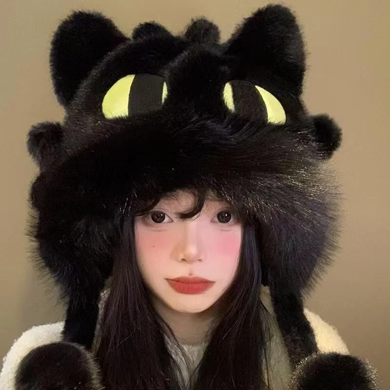 可爱黑色无牙仔毛绒绒帽冬季加绒加厚保暖防寒骑行护耳雷锋帽AMS