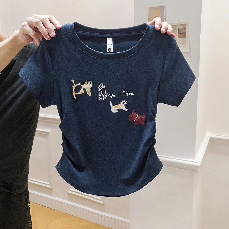 yoewshean/羽媗夏季微胖mm大码女装圆领短袖T恤女设计感刺绣上衣