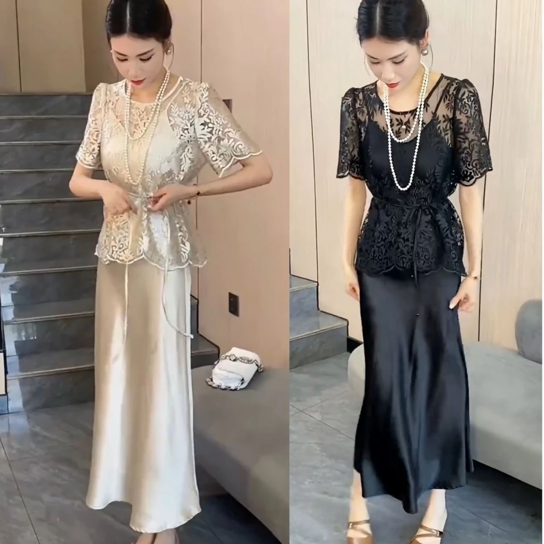 欧货时尚套装女2024夏季新款吊带裙勾花微透恤两件套潮睡衣