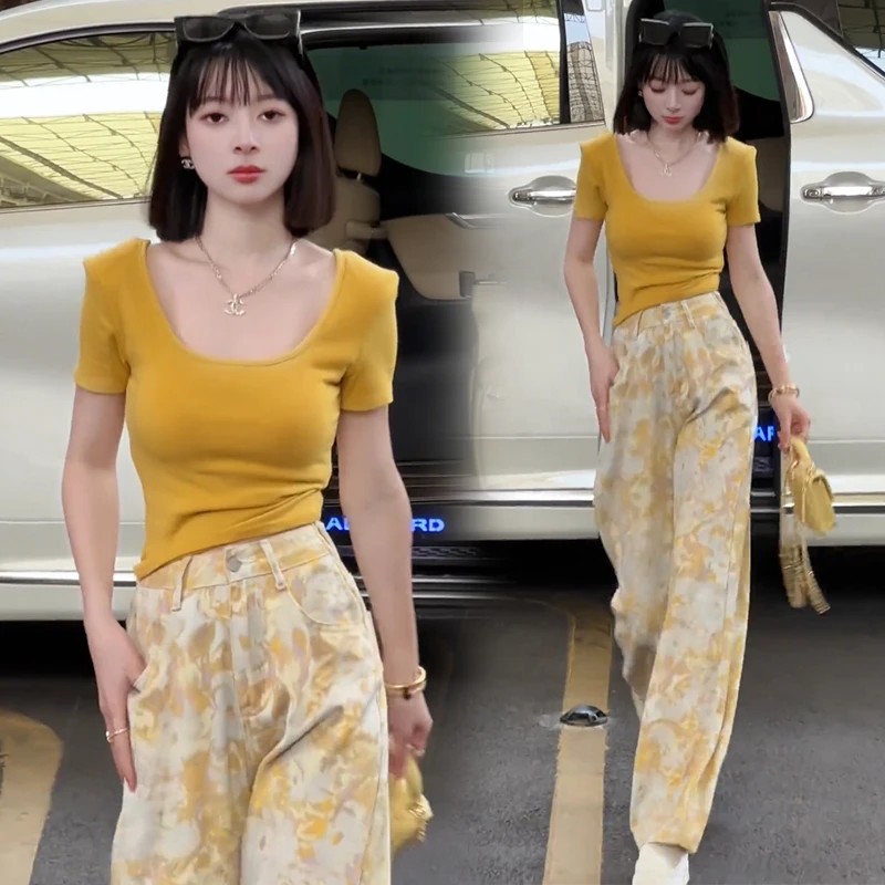 时尚套装女夏季新款度假显瘦短袖T恤印花高腰阔腿裤休闲两件套