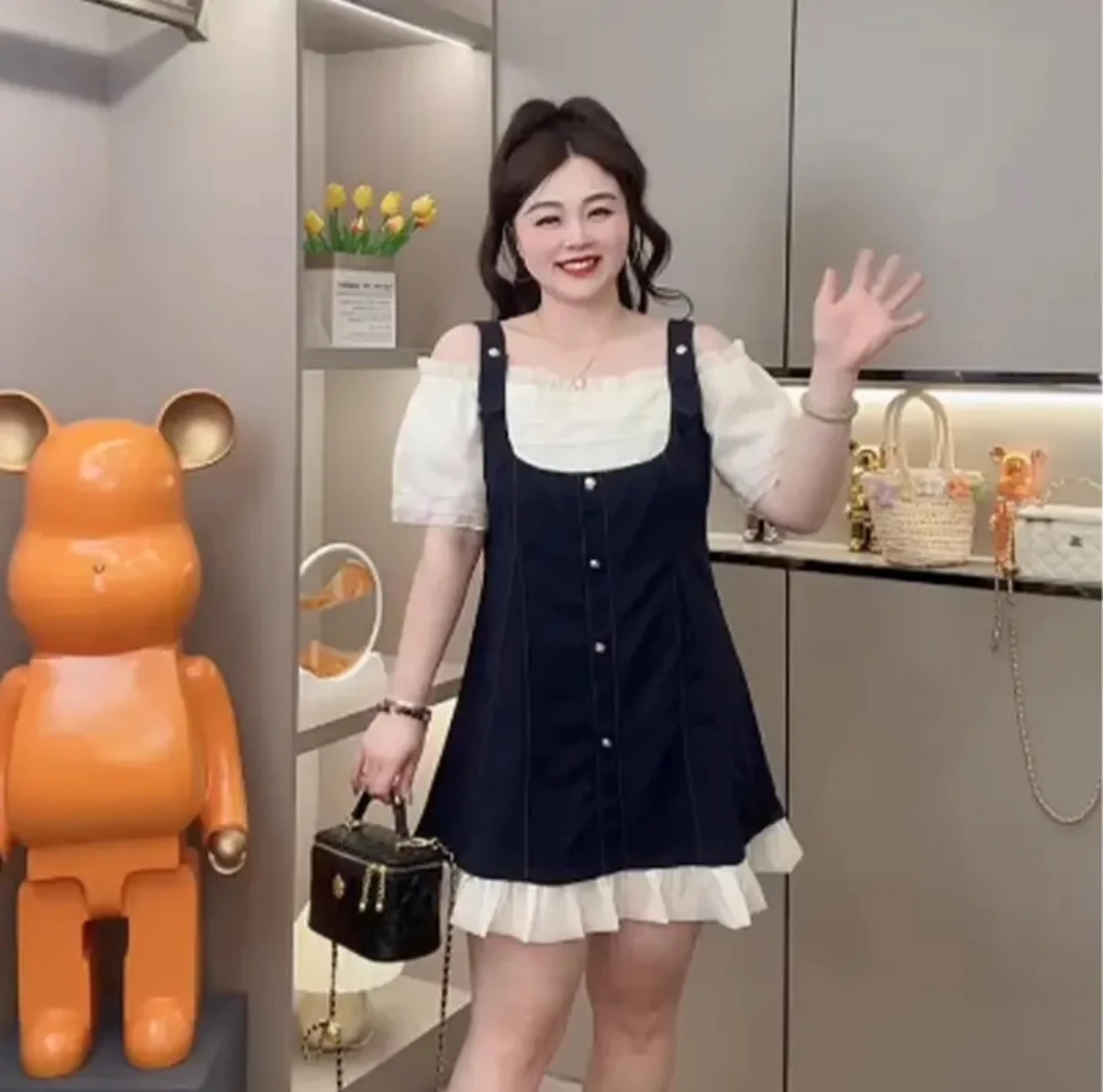 【晴儿家】夏季木耳花边撞色拼接短袖法式赫本风假两件连衣裙1409