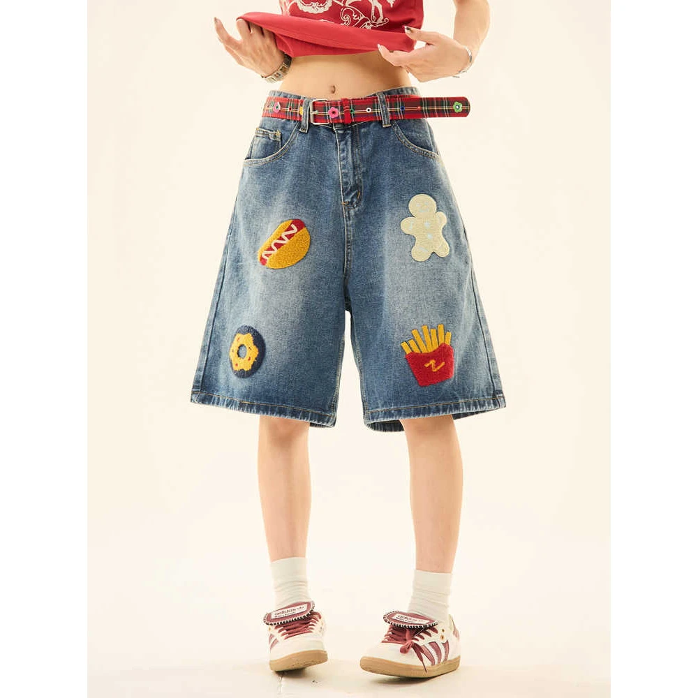 美式复古汉堡薯条毛巾绣牛仔短裤男女潮牌夏季宽松阔腿直筒五分裤