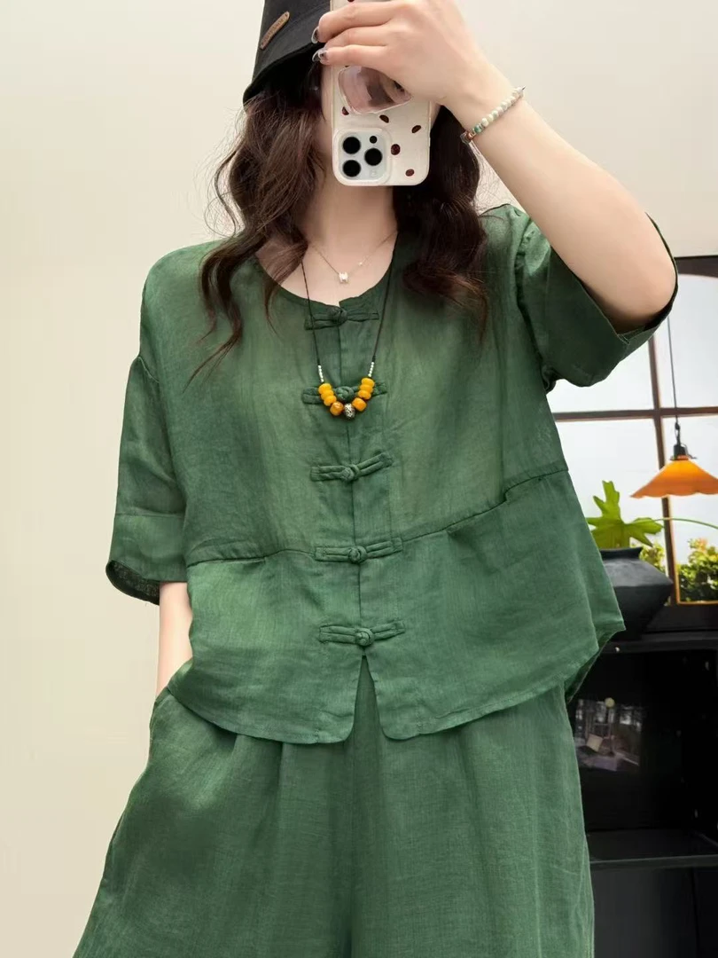 复古盘扣衬衫气质国风纯色苎麻上衣宽松文艺夏季衬衣中国风女士
