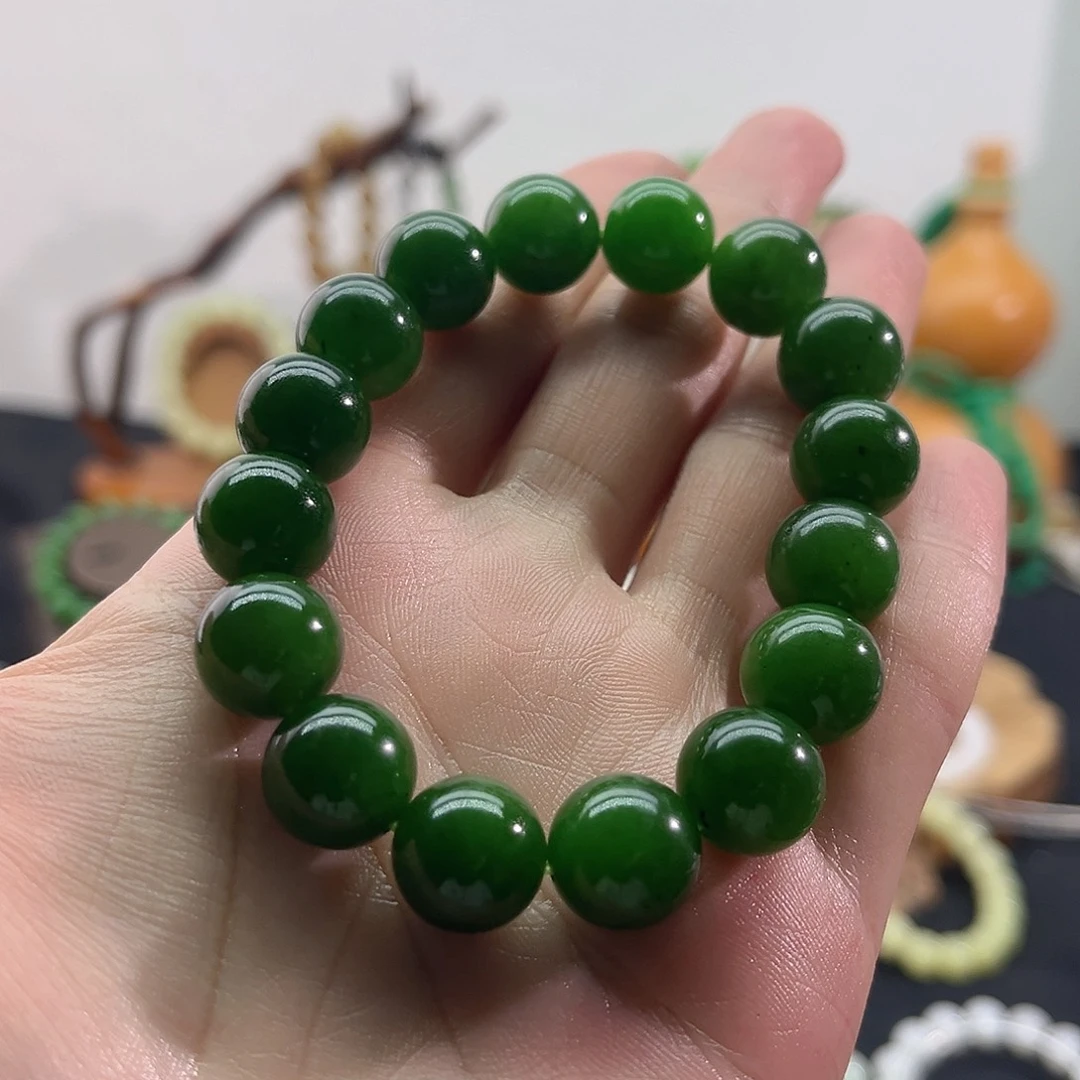和田玉未镶嵌颈饰俄碧-菠菜绿手串-13mm