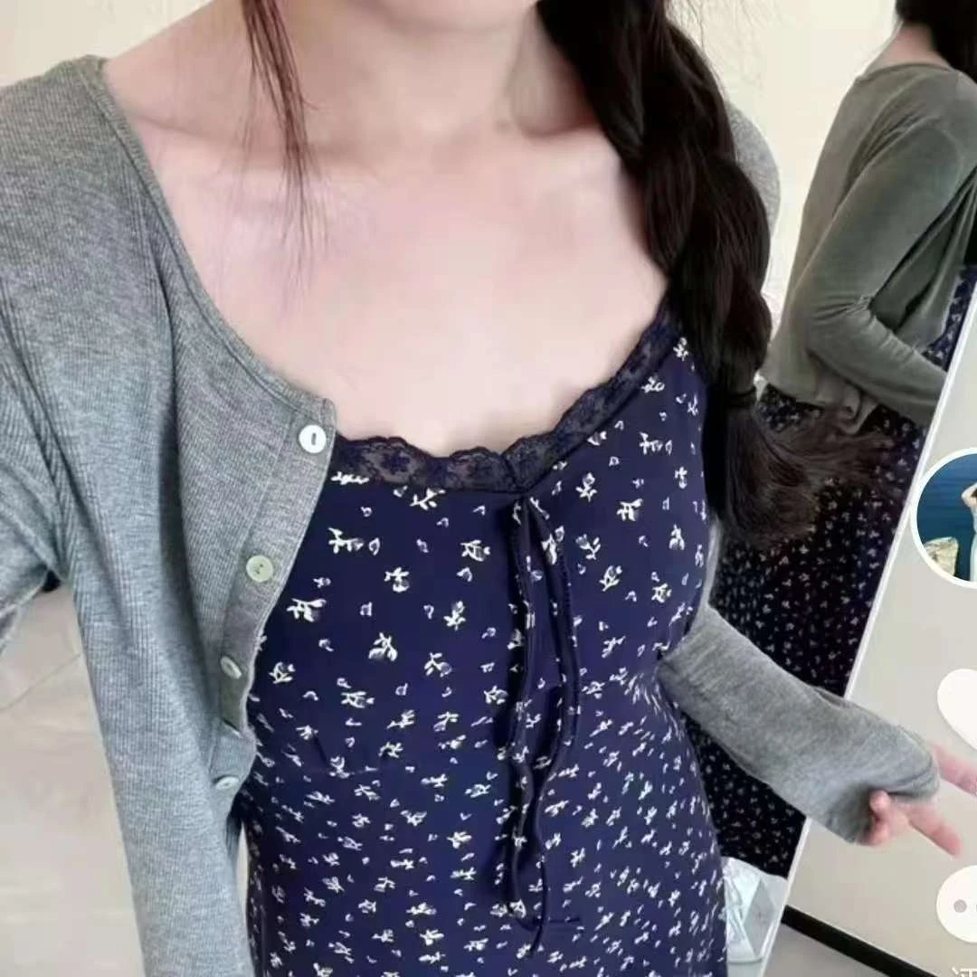 2025春季新款韩版纯欲长袖针织女秋显瘦吊带裙子开衫两件套