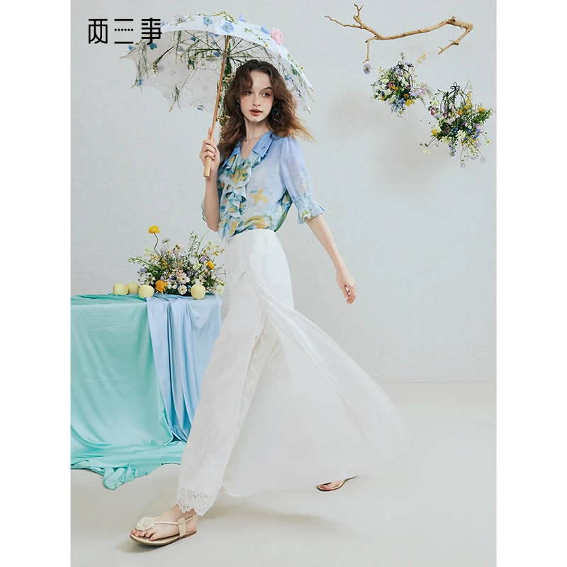 【芋总专属】两三事绡羽流光复古蕾丝拼接高腰阔腿裤休闲裤