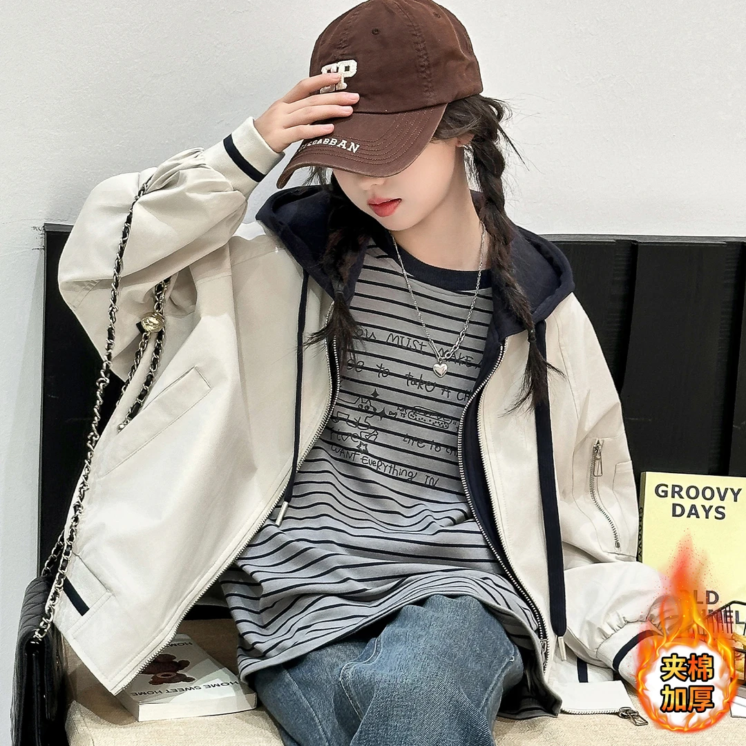 女童外套夹棉加厚秋冬季8-15岁中大童洋气时尚假两件儿童连帽夹克