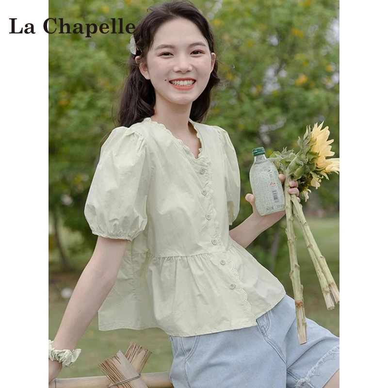 拉夏贝尔甜美花边领泡泡袖衬衫夏季2025新款小清新设计感短袖上衣