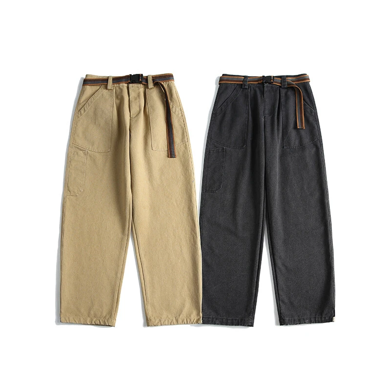 腰带设计工装裤男女复古口袋刺绣宽松直筒休闲裤-K11