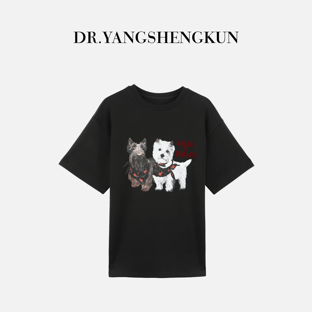 杨圣坤2025新品女士美式复古情侣狗印花宽松百搭短袖T恤SL2581793