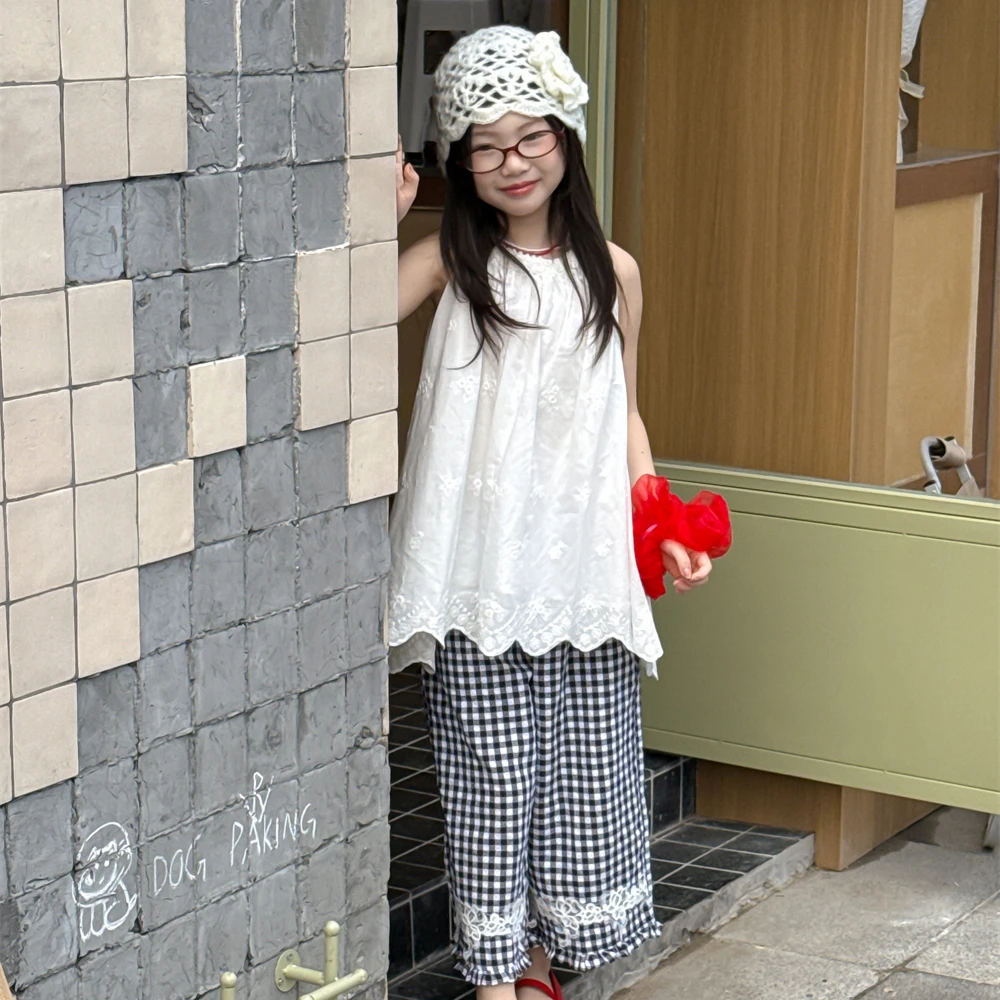 LJ-71969-TBB童装女童裤子2025夏季新款格子花边设计女童
