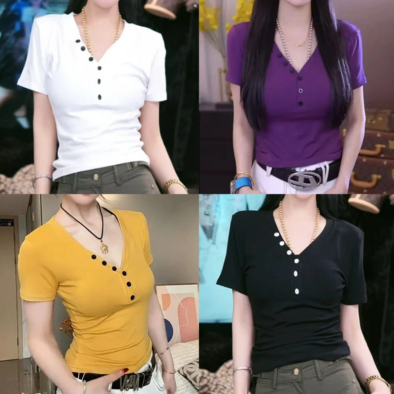 夏季经典百搭纯色纽扣T恤V领设计感螺纹棉显瘦短袖气质减龄小衫