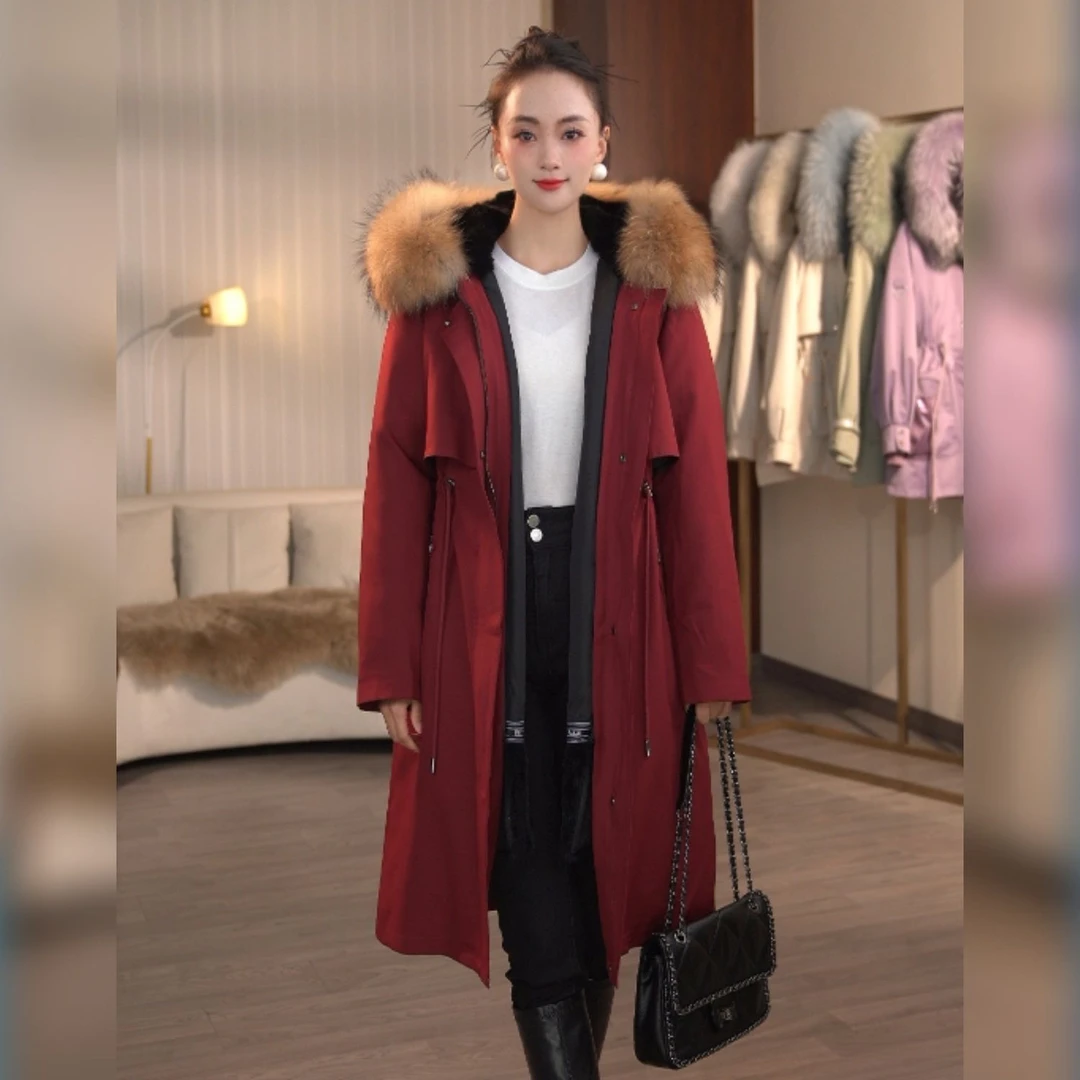 派克服2025新款女獭兔毛内胆皮草外套女冬季中长款可拆卸貉子毛领