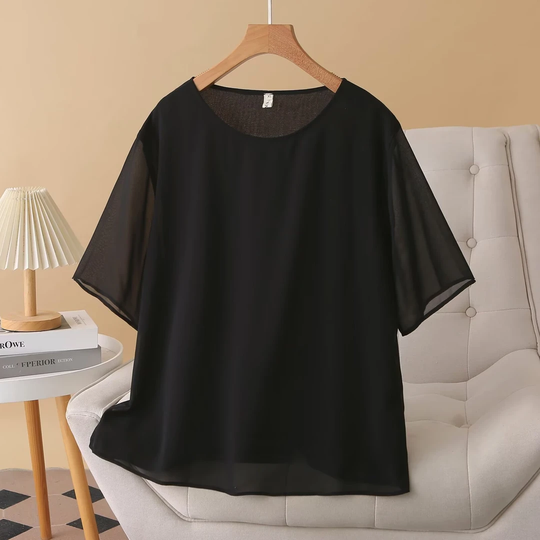 奢怡雅欣宇大码百搭套头薄款宽松蕾丝休闲女士纯色休闲雪纺衫短袖