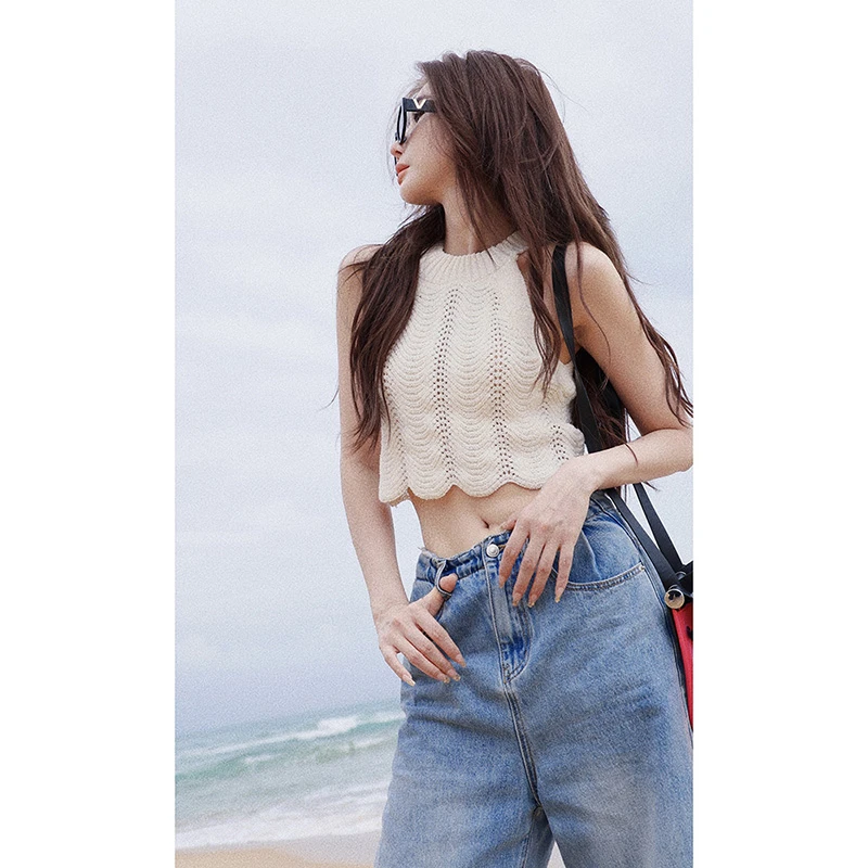 婉君Y【圈圈纱小背心】法式波浪修身针织挂脖吊带背心LWJ25A1T457