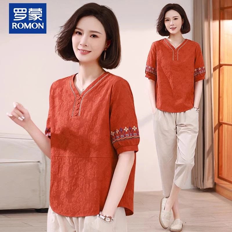 罗蒙妈妈装母亲节夏季棉麻两件套中年刺绣宽松显瘦上衣中老年套装
