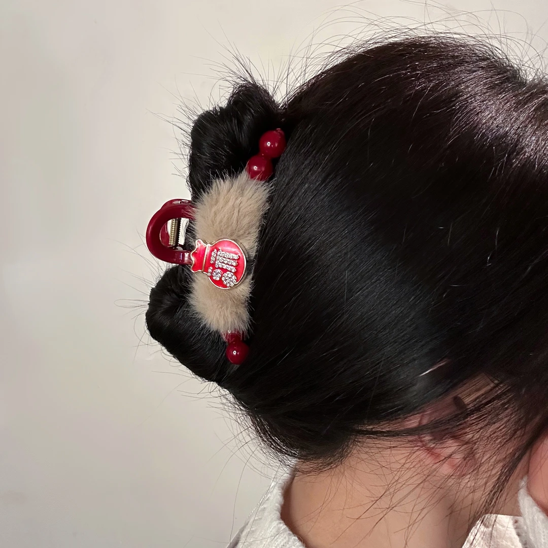 F0235-1时尚红色福袋抓夹可爱百搭秋冬网红气质大抓夹