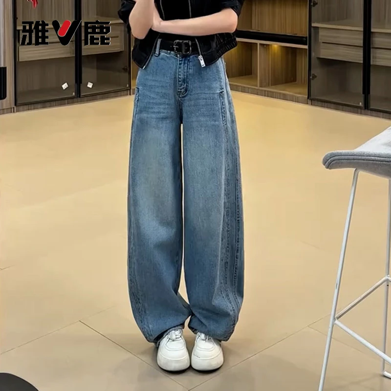 雅鹿阔腿弯刀牛仔裤女春秋新款小个子高腰宽松显瘦窄版香蕉镰刀裤