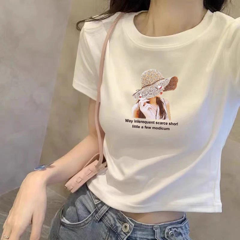 正肩圆领修身显瘦2025夏季韩版休闲短袖t恤字母印花时尚女装上衣